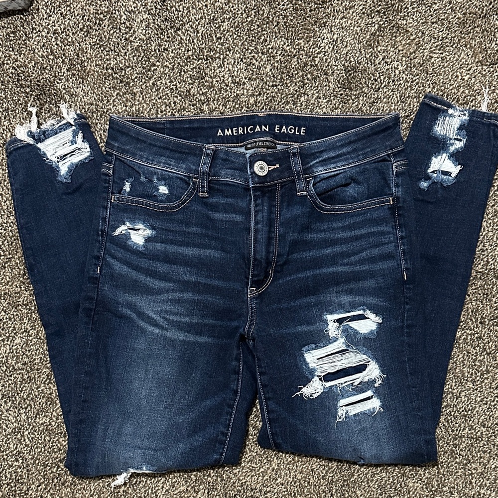 American Eagle Outfitters Women's Dark Blue Distressed Hi-Rise Jegging Crop